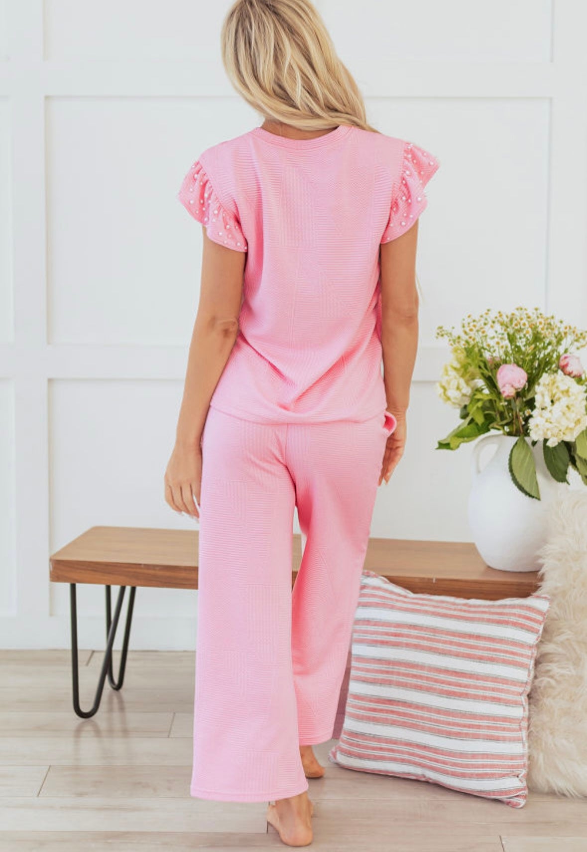Pre-order Pink Textured Pearl Ruffled Sleeve Pants Set