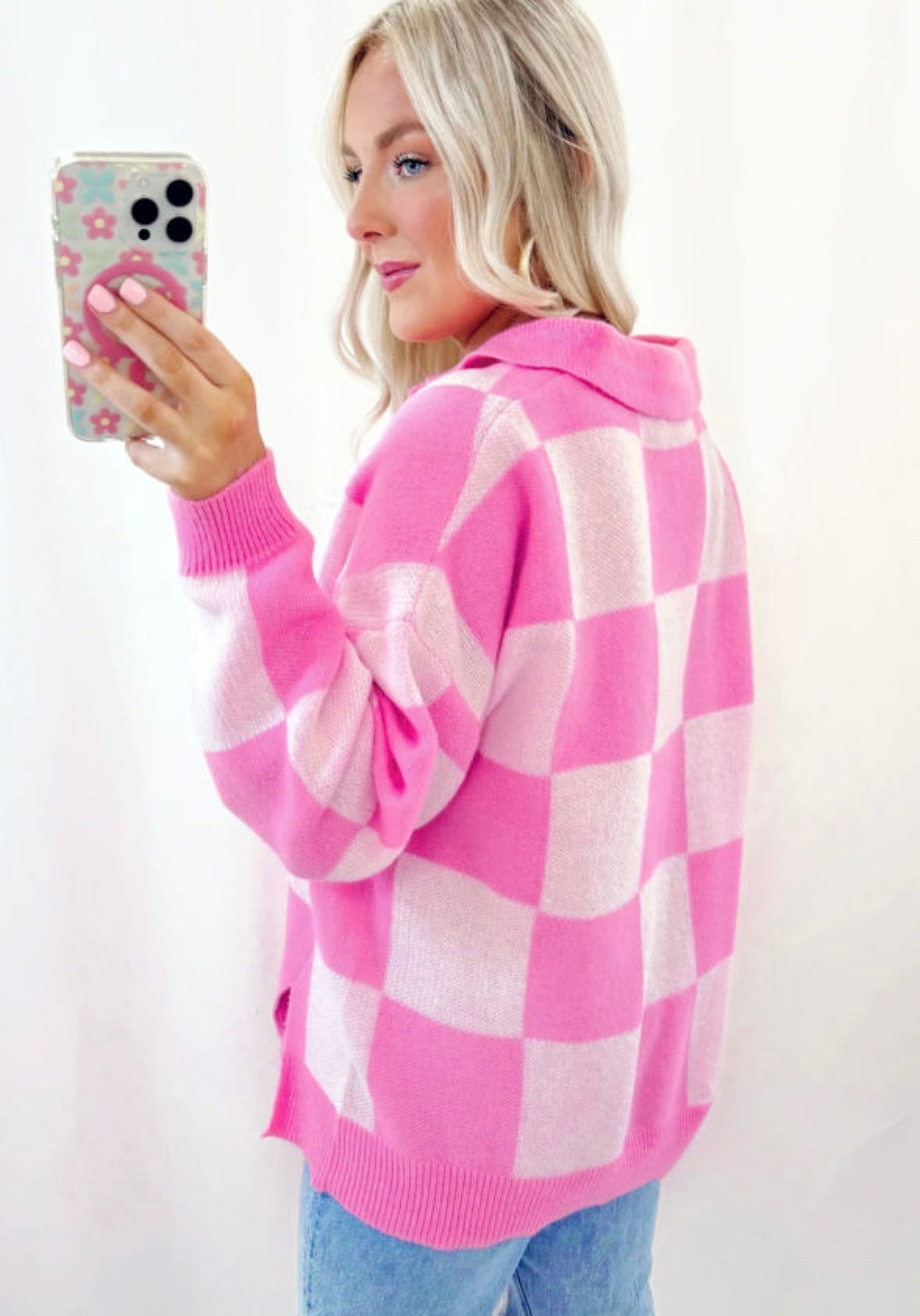 Pre-order Pink Checkered Drop Shoulder Sweater