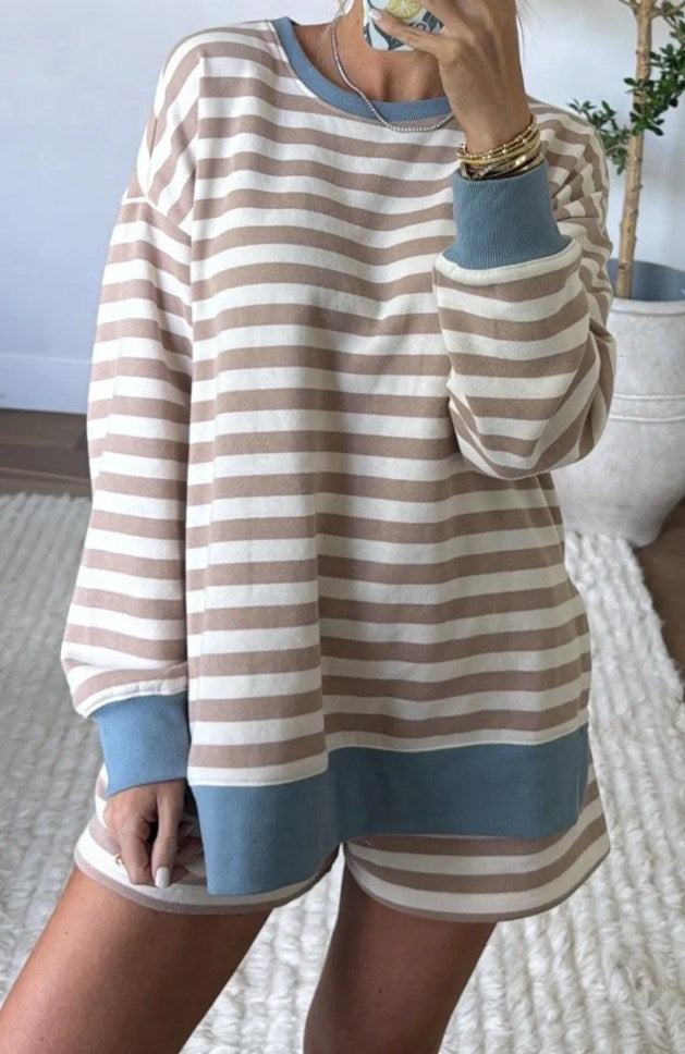 Pre-order Striped Khaki Oversized Pullover & Short Set