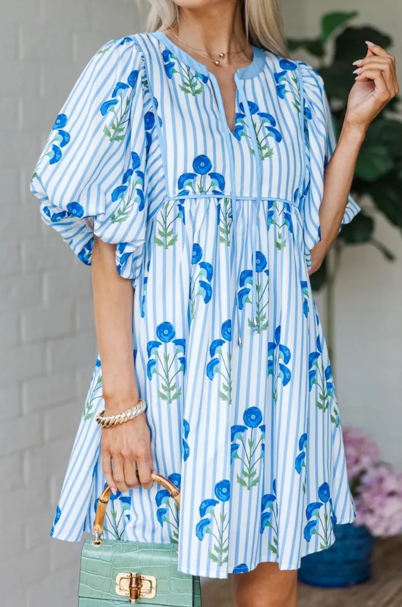 Pre-order Blue Floral Puff Sleeve Dress (Plus Sizes Available)