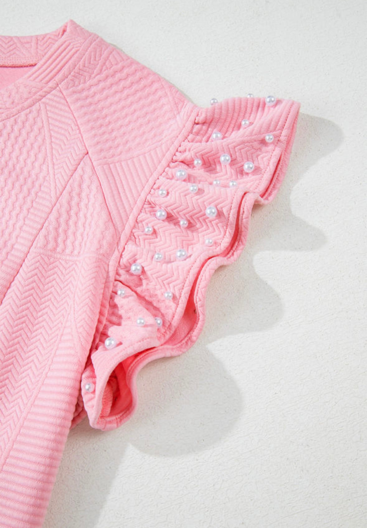 Pre-order Pink Textured Pearl Ruffled Sleeve Pants Set