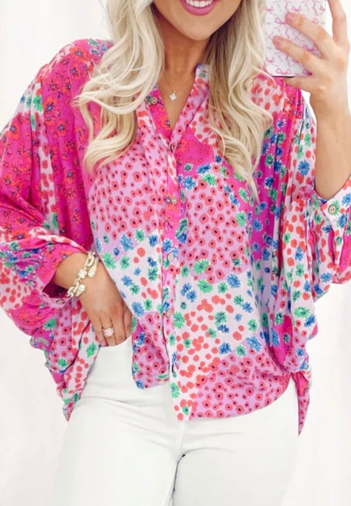 Pre-order Pink Floral Print V-neck Oversized Top