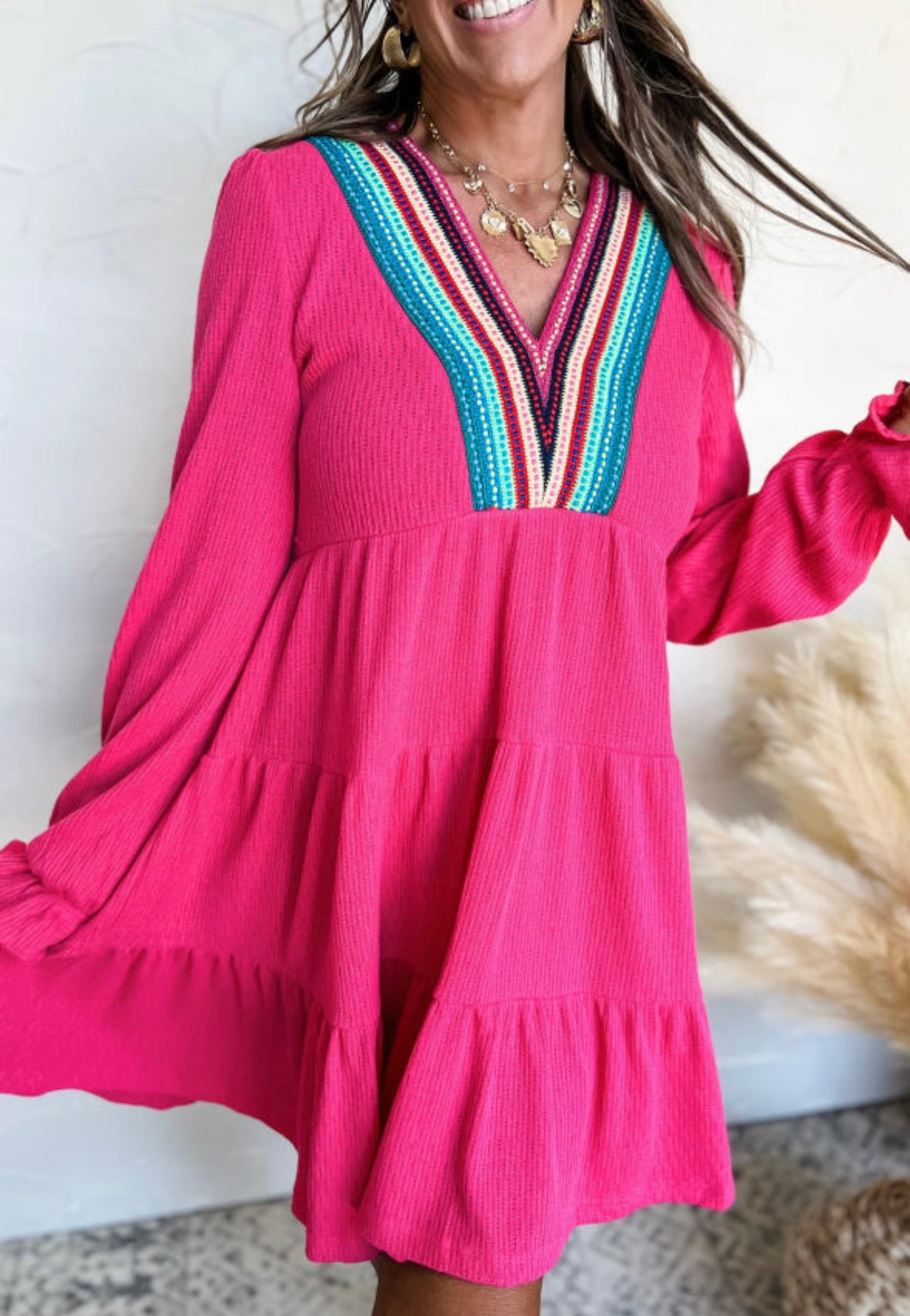 Pre-order Pink Crochet V-Neck Tiered Dress