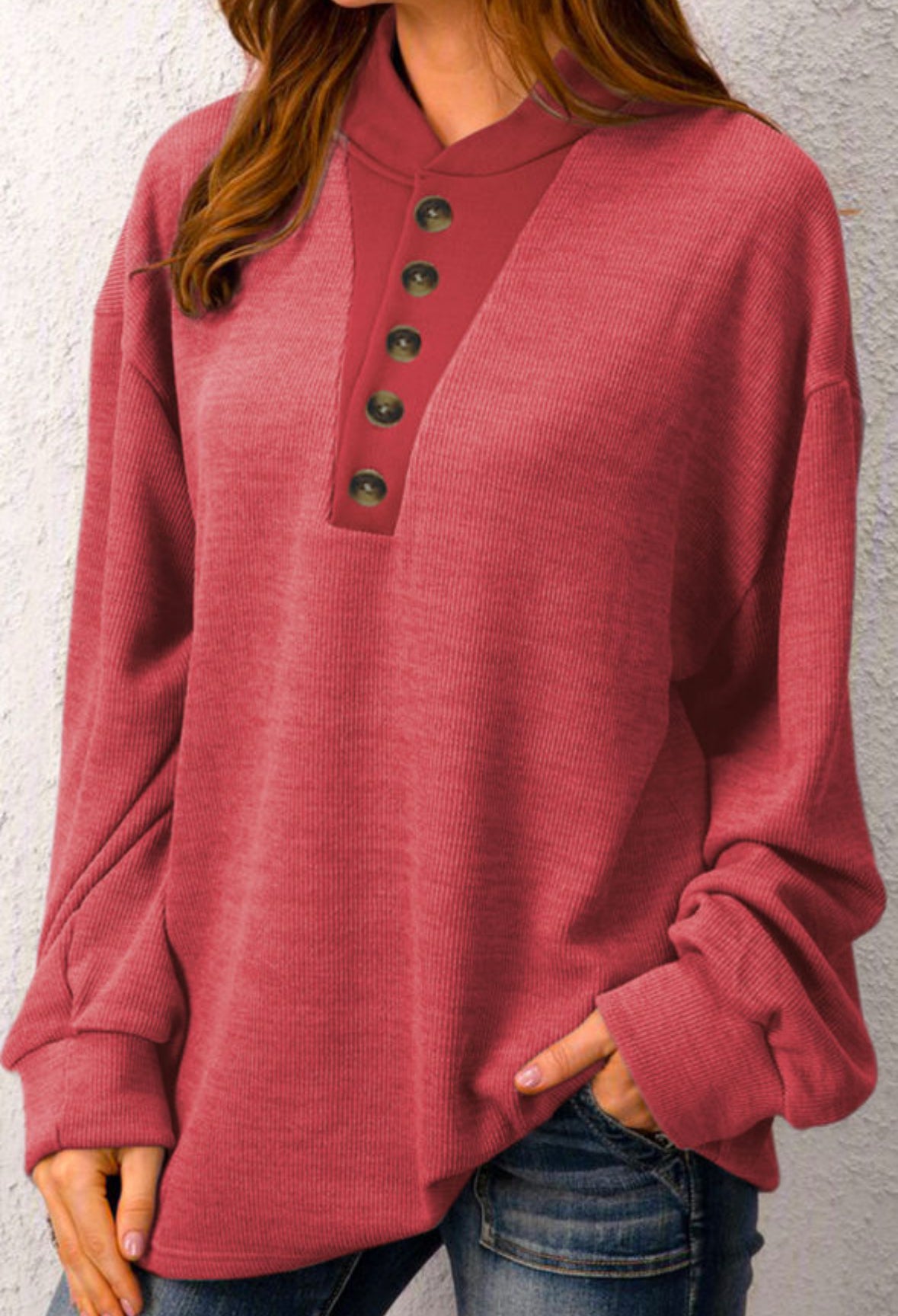 Pre-order Fiery Red Henley Sweatshirt