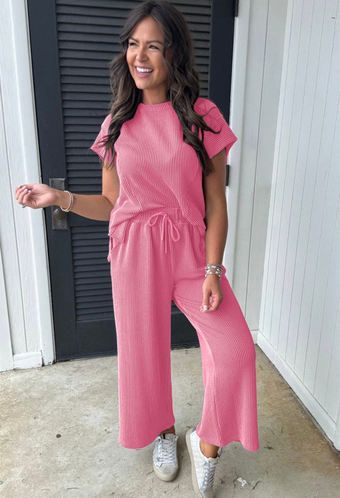 Pre-order Corded Short Sleeve & Wide Leg Pants Set