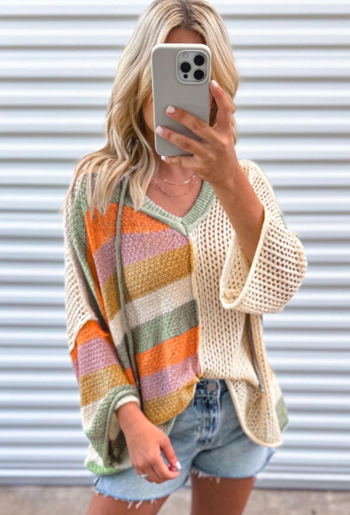 Pre-order Oversized Colorblock Crochet Hooded Sweater