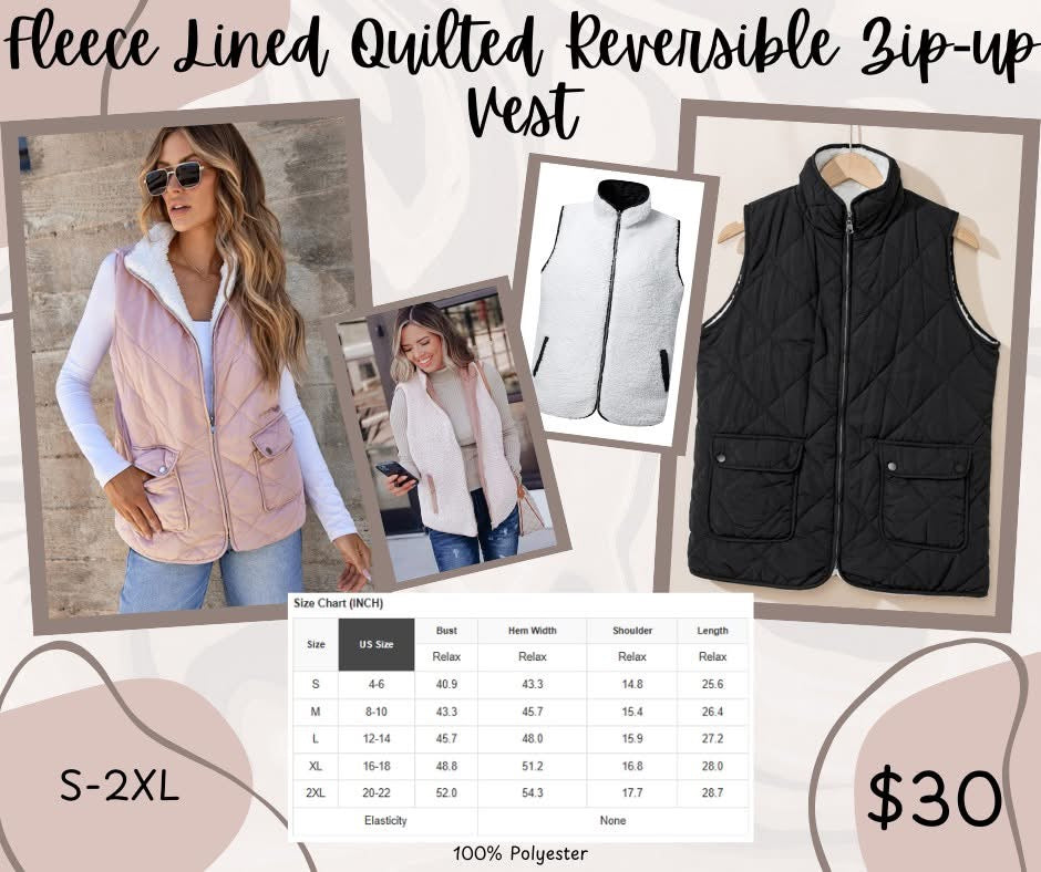 Pre-order Fleece Lined Quilted Reversible Zip-up Vest