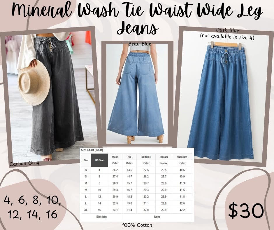 Pre-order Mineral Wash Tie Waist Wide Leg Jeans