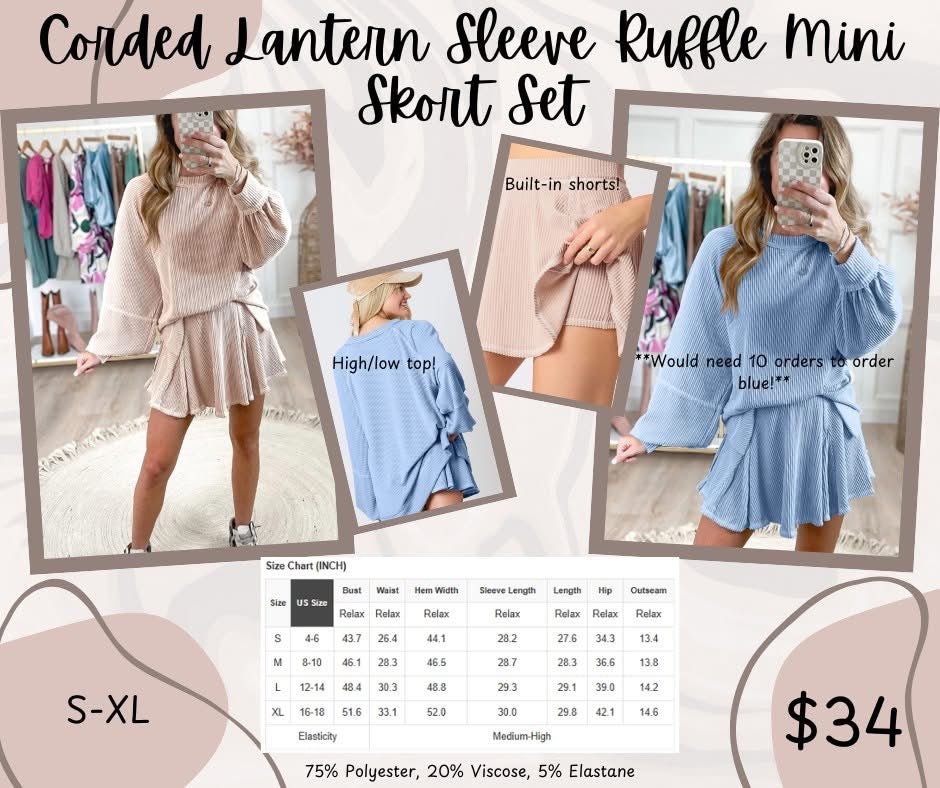 Corded Lantern Sleeve Ruffle Mini Skort Set