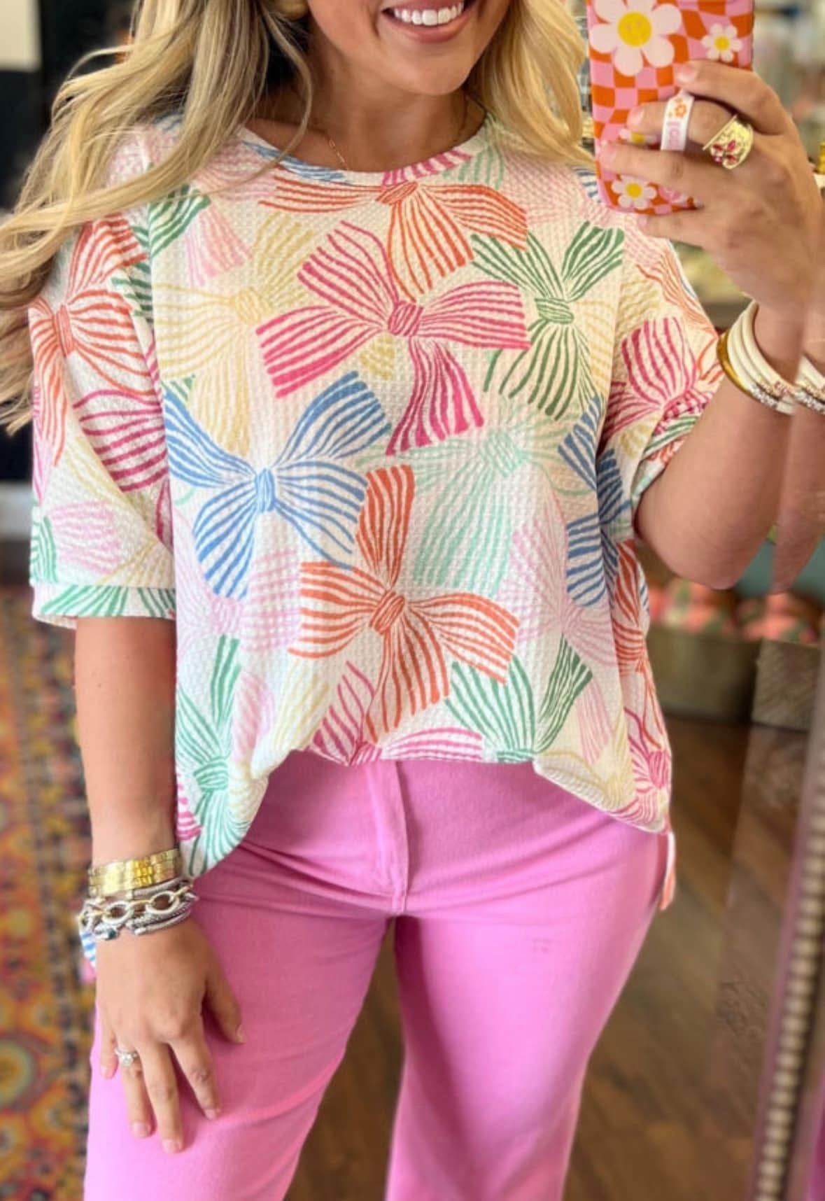 Multicolor Bow Waffle Top