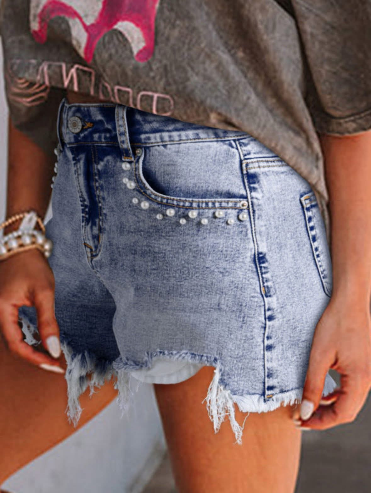 Pre-order Pearl Detail Blue Jean Shorts