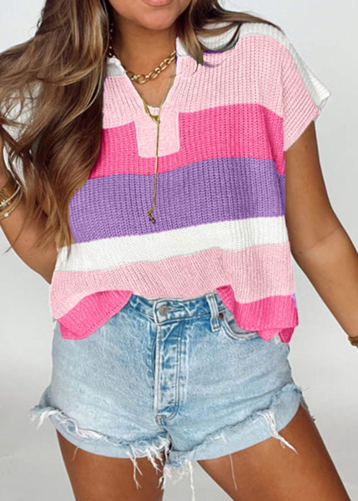 Pre-order Pink Color Block Short Sleeve Sweater
