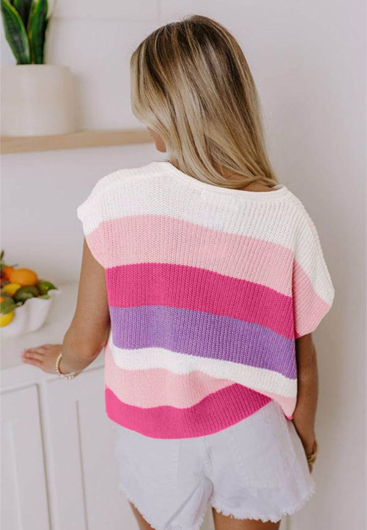 Pre-order Pink Color Block Short Sleeve Sweater