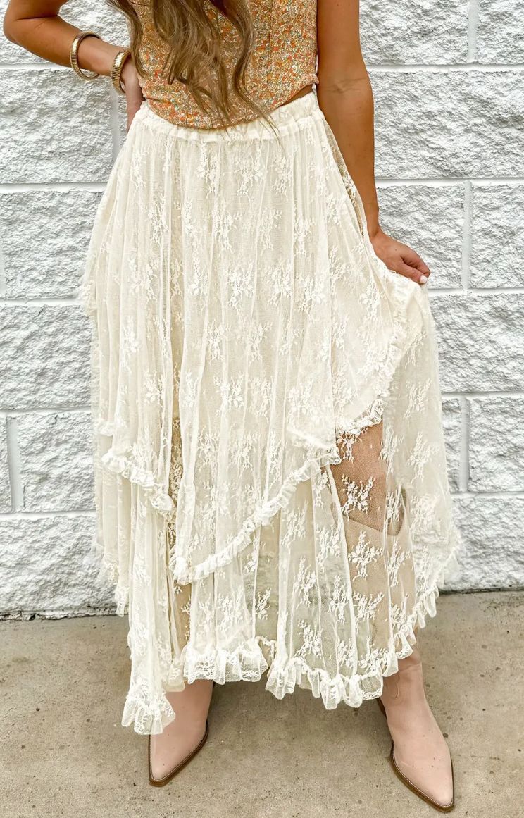 Pre-order Beige Lace Cascading Maxi Skirt