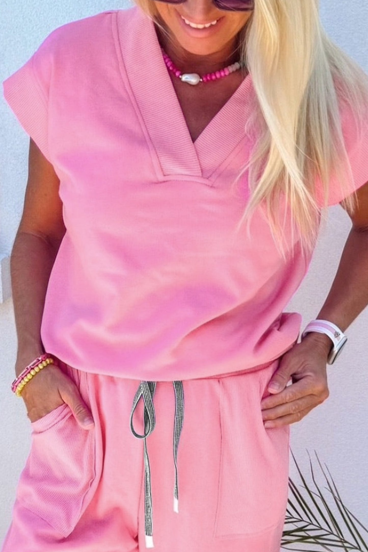 Mint Green Solid Color V Neck Tee Drawstring Pant Set