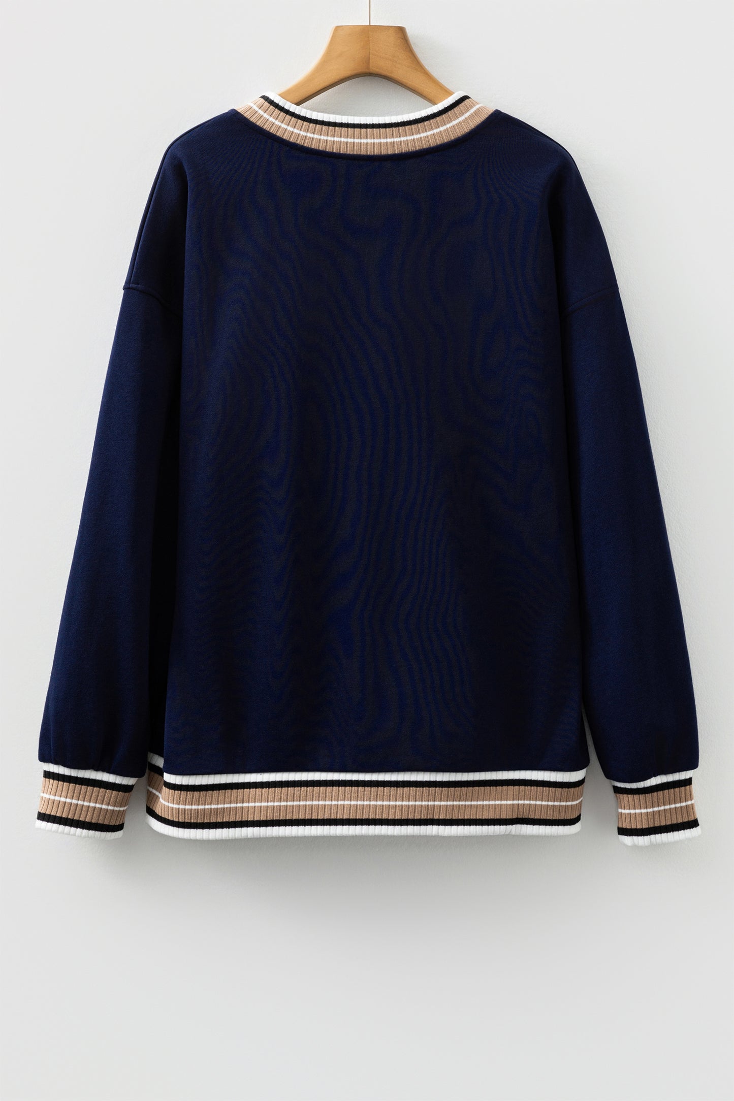 Parchment Varsity Contrast Striped Trim V Neck Sweatshirt