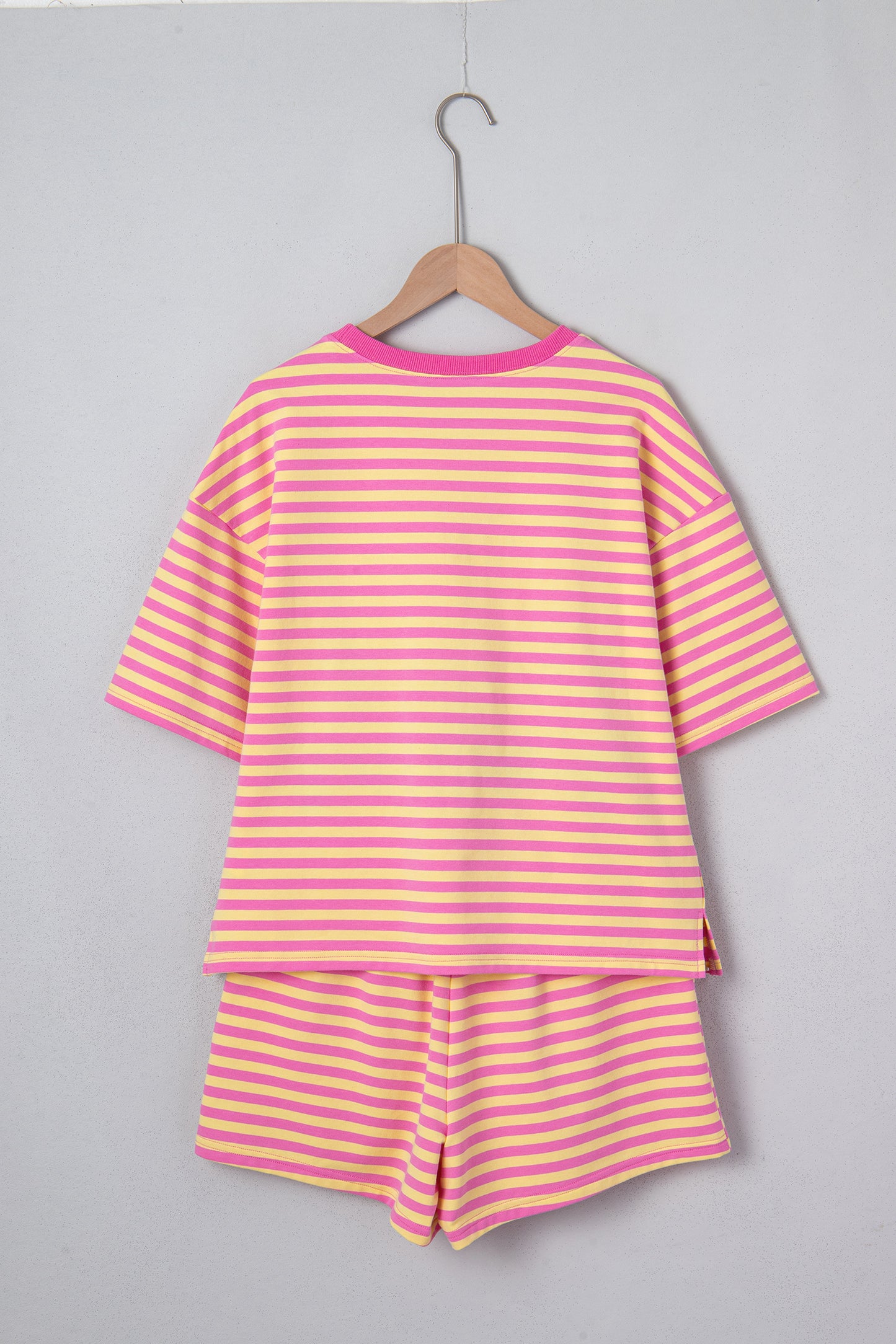 Green Stripe Drop Shoulder Boxy Casual Terry Short Set