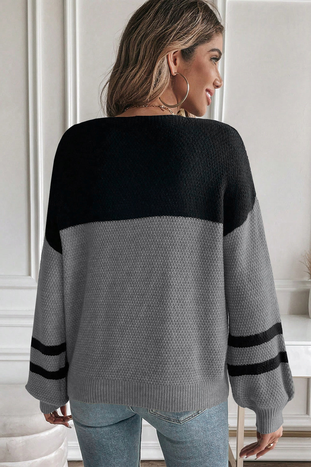 Dark Brown Color Block Knit Striped Sleeve Detail Casual Sweater