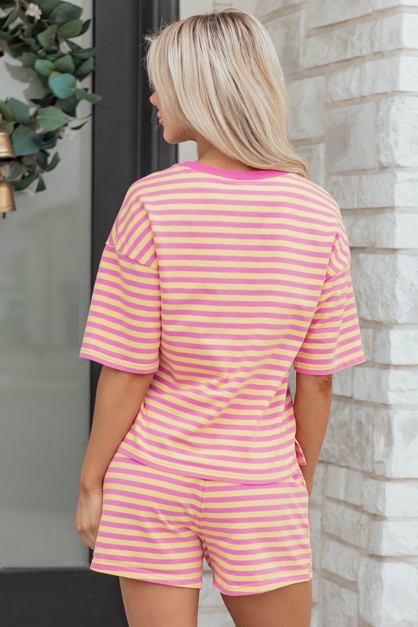 Green Stripe Drop Shoulder Boxy Casual Terry Short Set