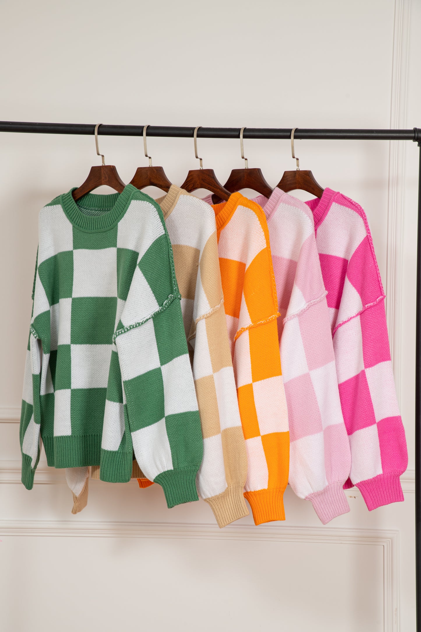 Dark Brown Checkered Bishop Sleeve Sweater
