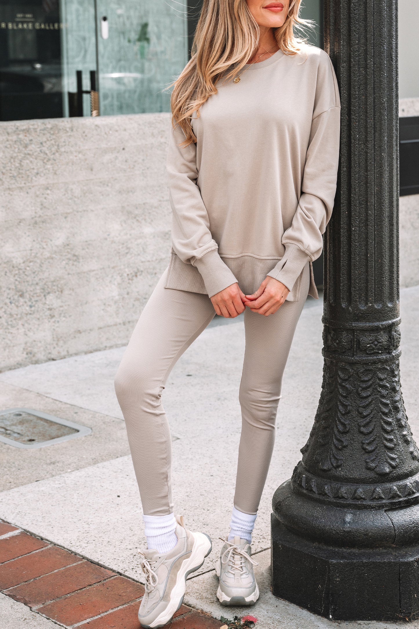 Green Bay Solid Color Oversize Slit Sweatshirt Ribbed Leggings 2pcs Set