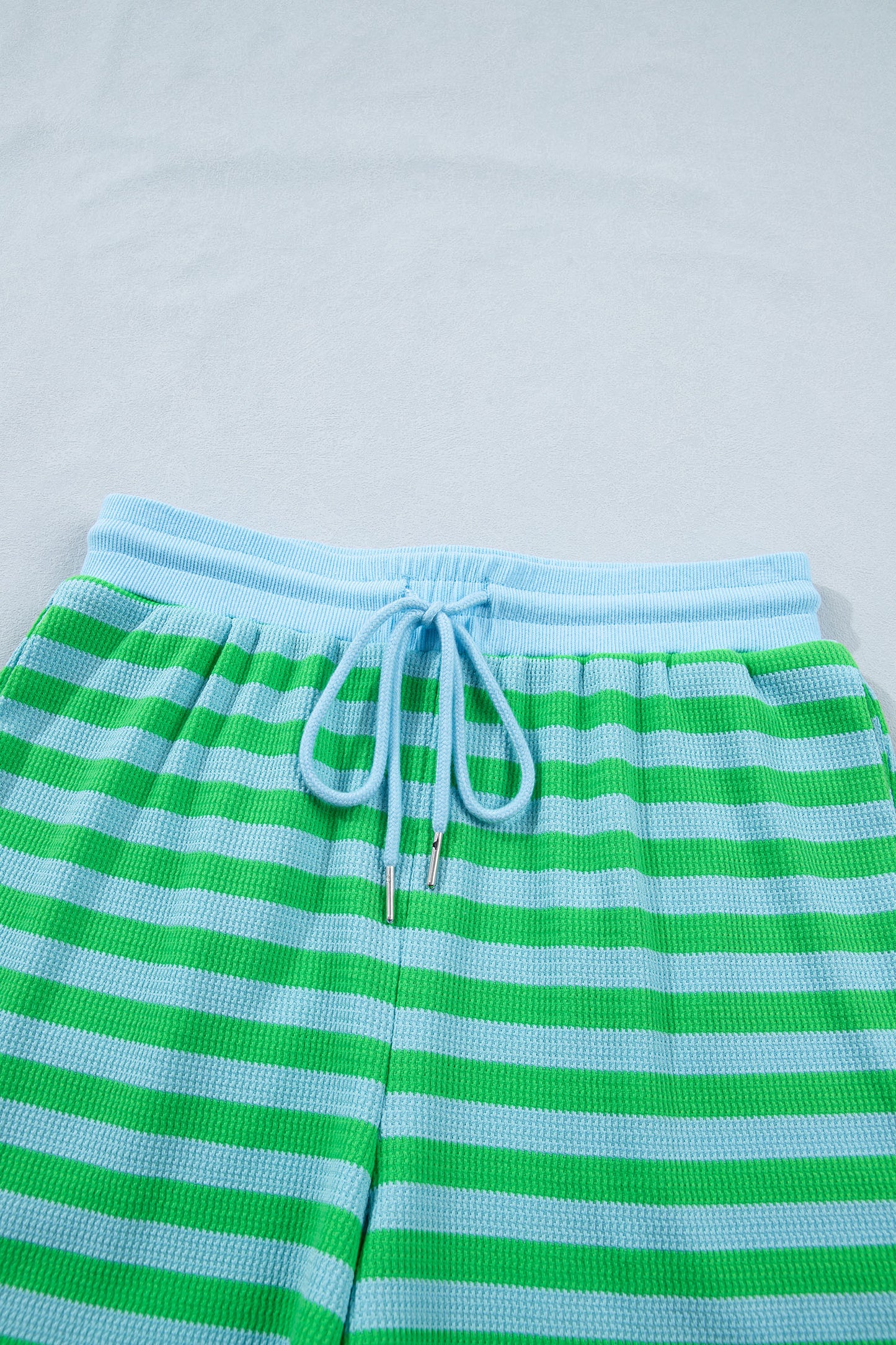 Green Stripe Puff Short Sleeve T Shirt Matching Shorts Set