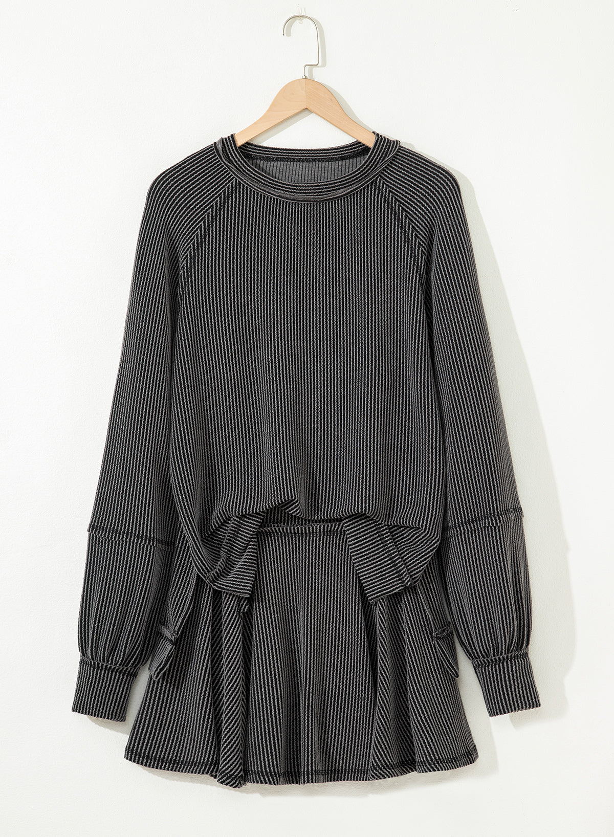 Jet Stream Corded Lantern Sleeve Top High Waist Ruffled Mini Skirt Set