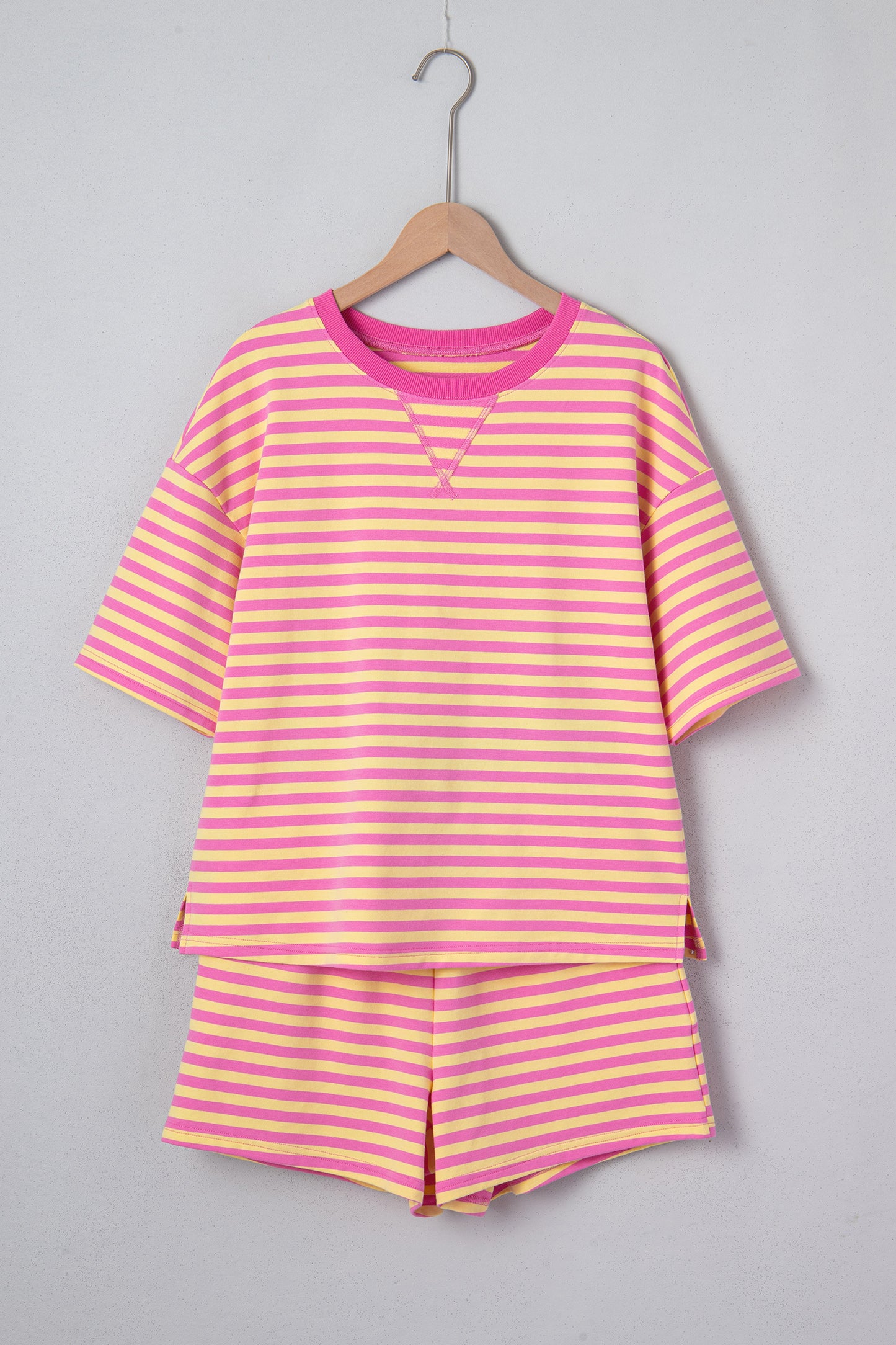 Green Stripe Drop Shoulder Boxy Casual Terry Short Set