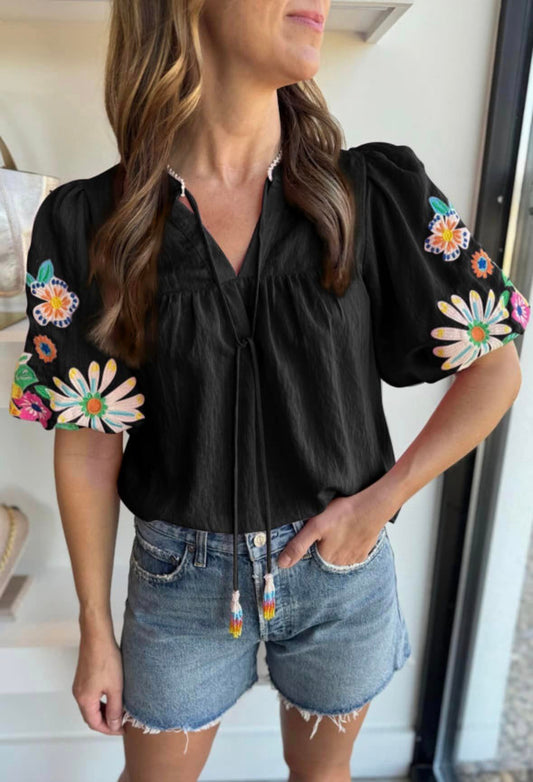 Pre-Order Floral Embroidered Puff Sleeve Blouse