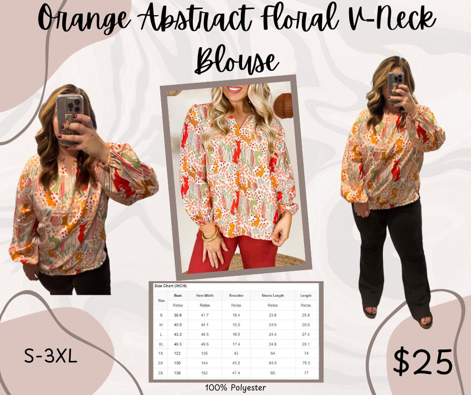 Pre-order Orange Abstract Floral V-Neck Blouse