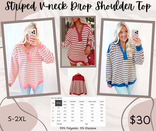 Pre-order Striped V-neck Drop Shoulder Top