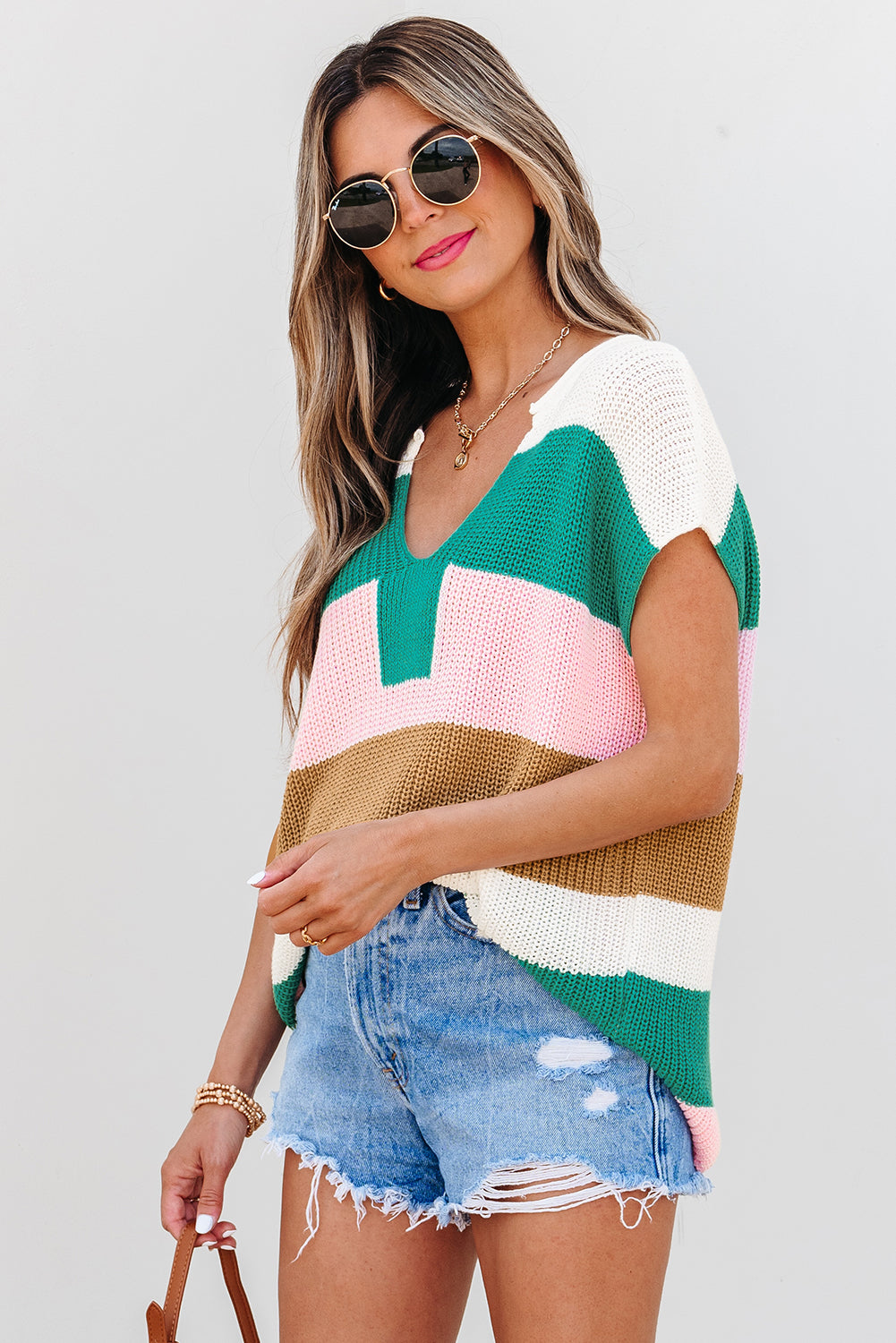 Pink Color Block Notch V Neck Sweater T Shirt