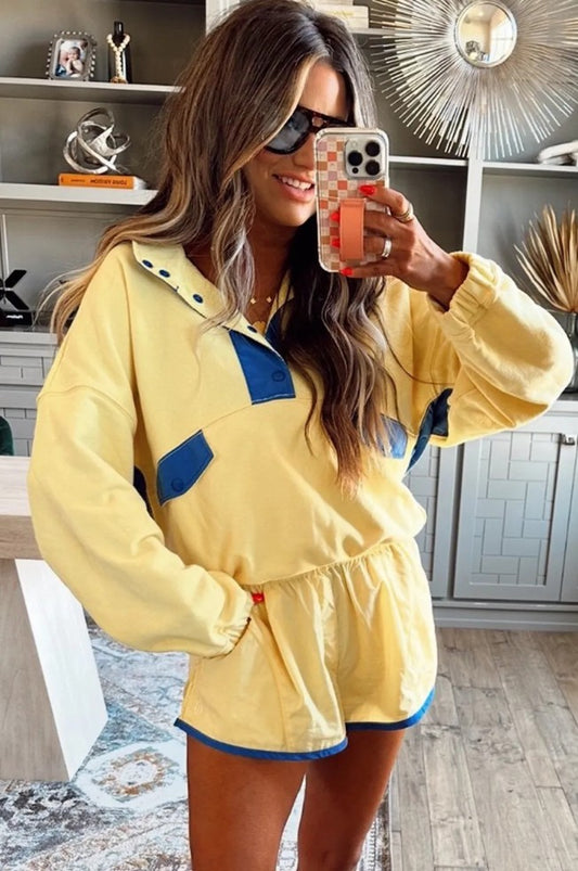 Pre-order Yellow & Blue Half Button Pullover & Short Set