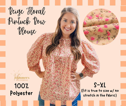 Pre-order Beige Floral Pintuck Bow Blouse