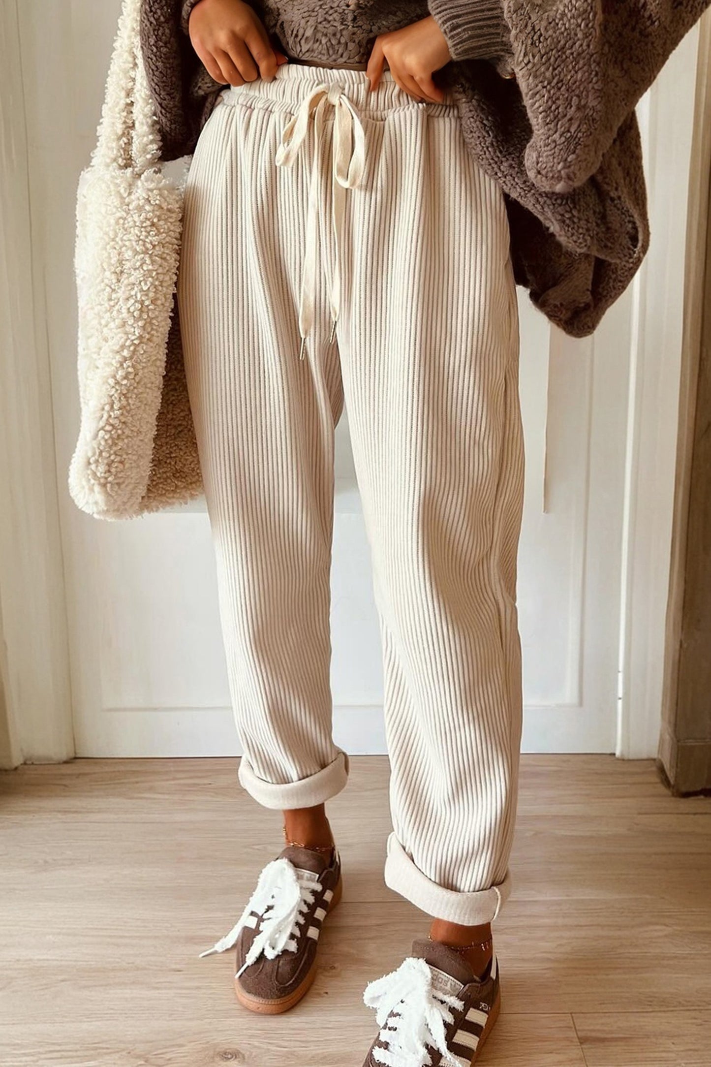 Chestnut Drawstring Elastic Waist Casual Corduroy Pants