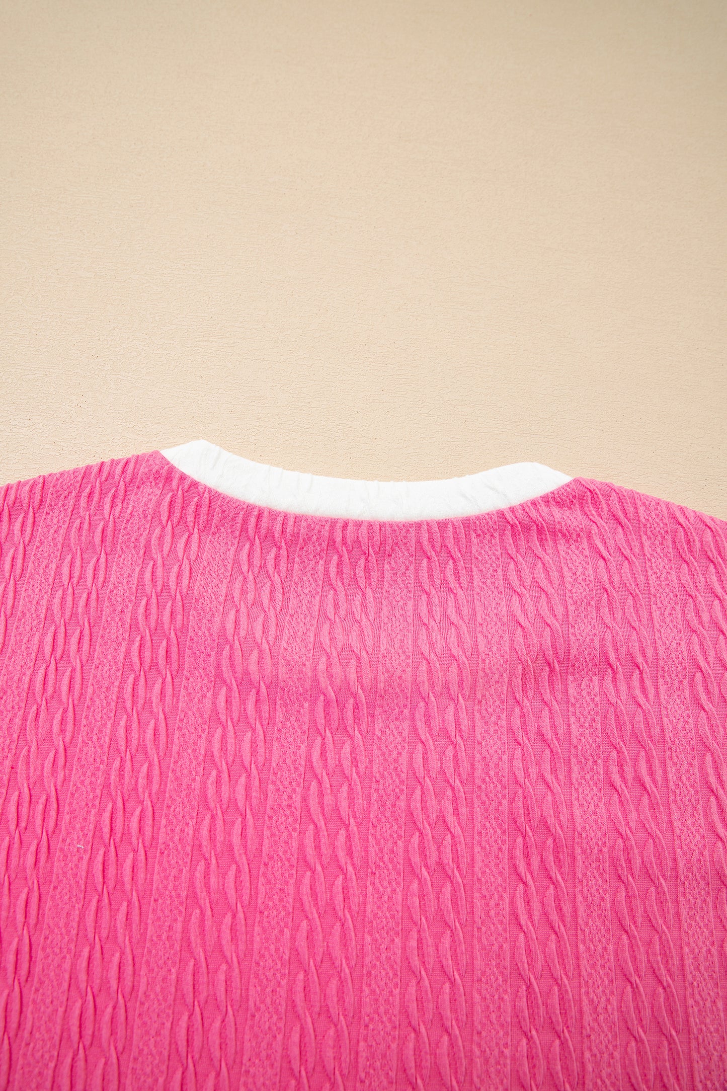 Bright Pink Textured Color Block Trim Loose Tee Drawstring Shorts 2pcs Set