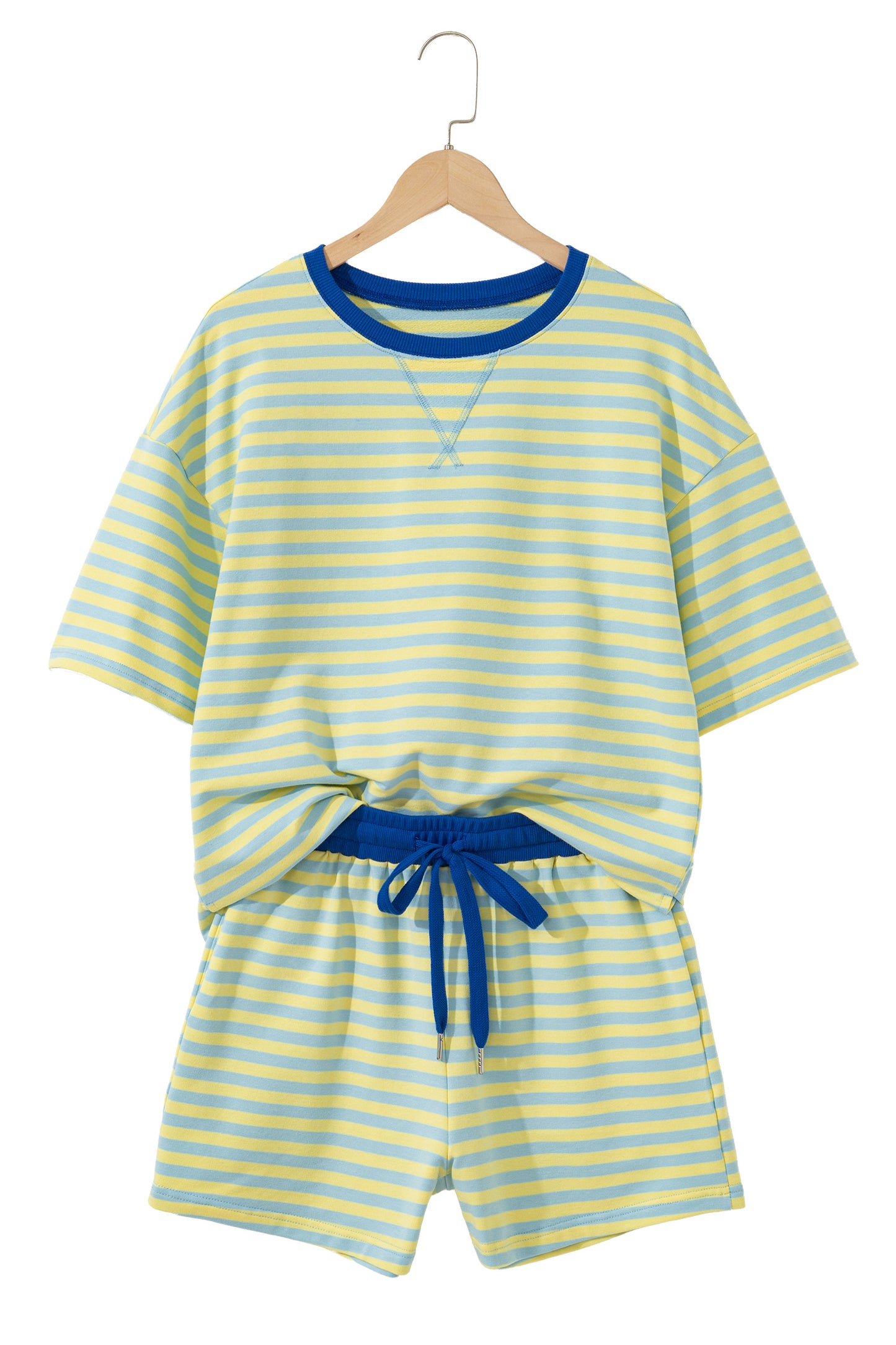 Green Stripe Drop Shoulder Boxy Casual Terry Short Set