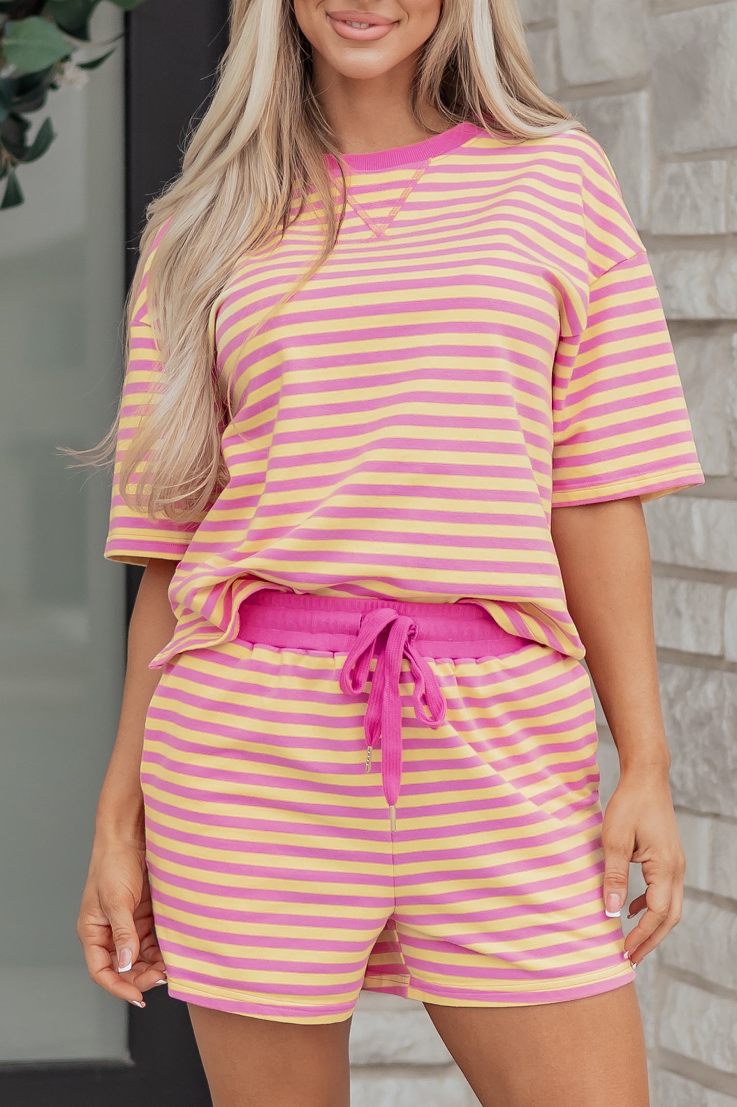 Green Stripe Drop Shoulder Boxy Casual Terry Short Set