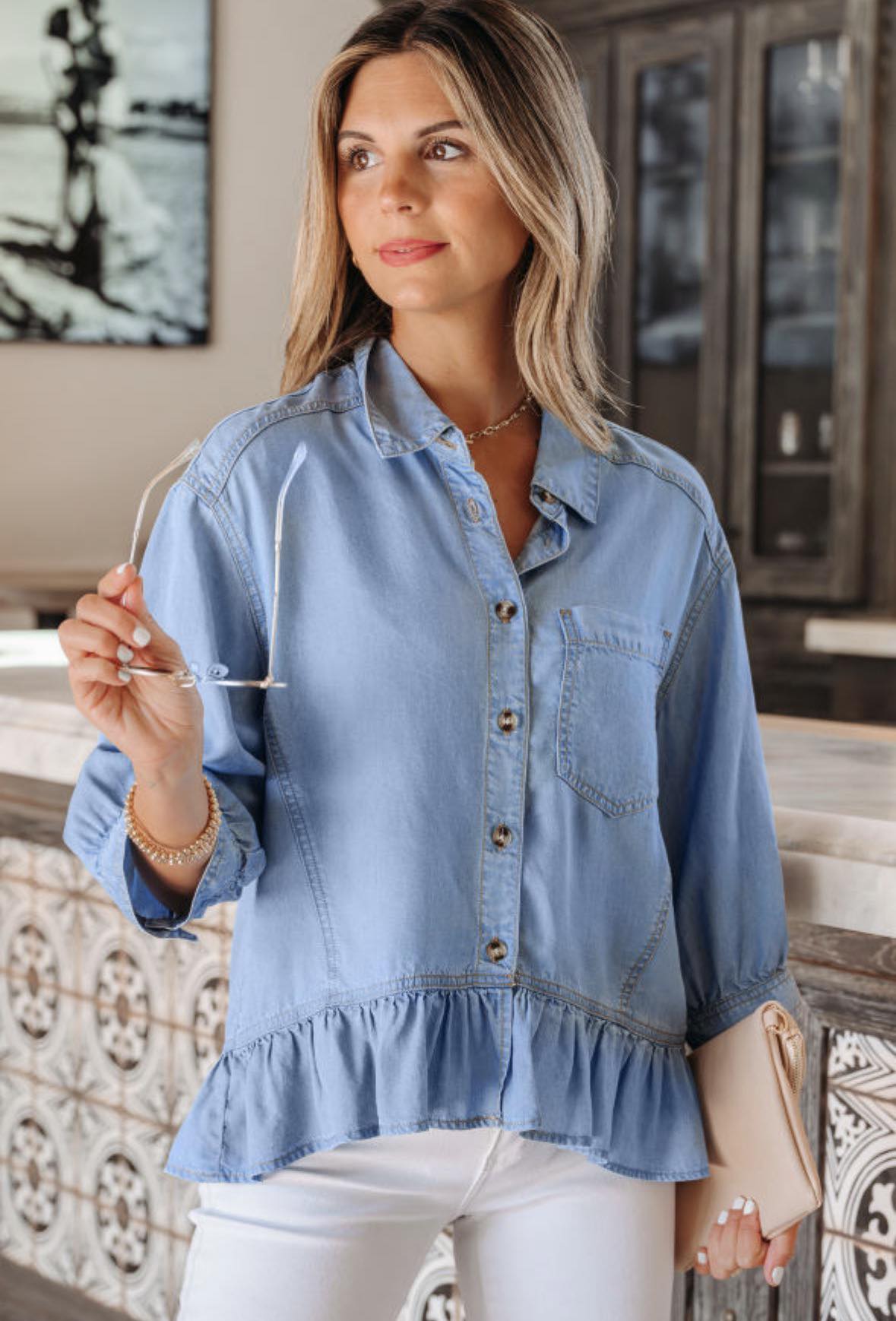 Pre-order Denim Half Sleeve Ruffle Top