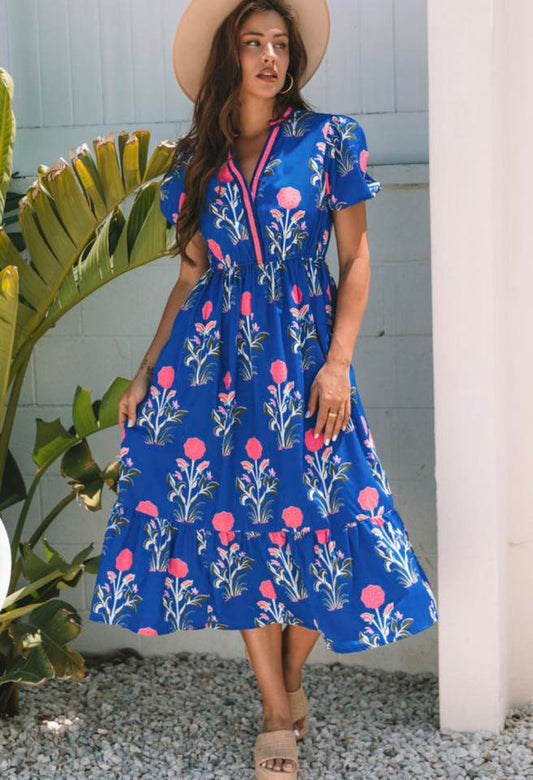 Pre-order Floral V-neck Puff Sleeve Dress