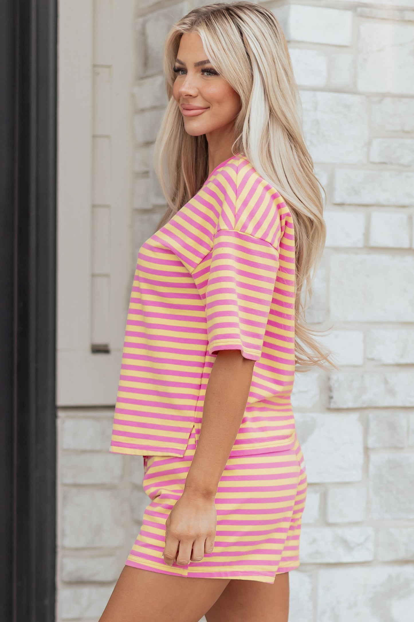 Green Stripe Drop Shoulder Boxy Casual Terry Short Set