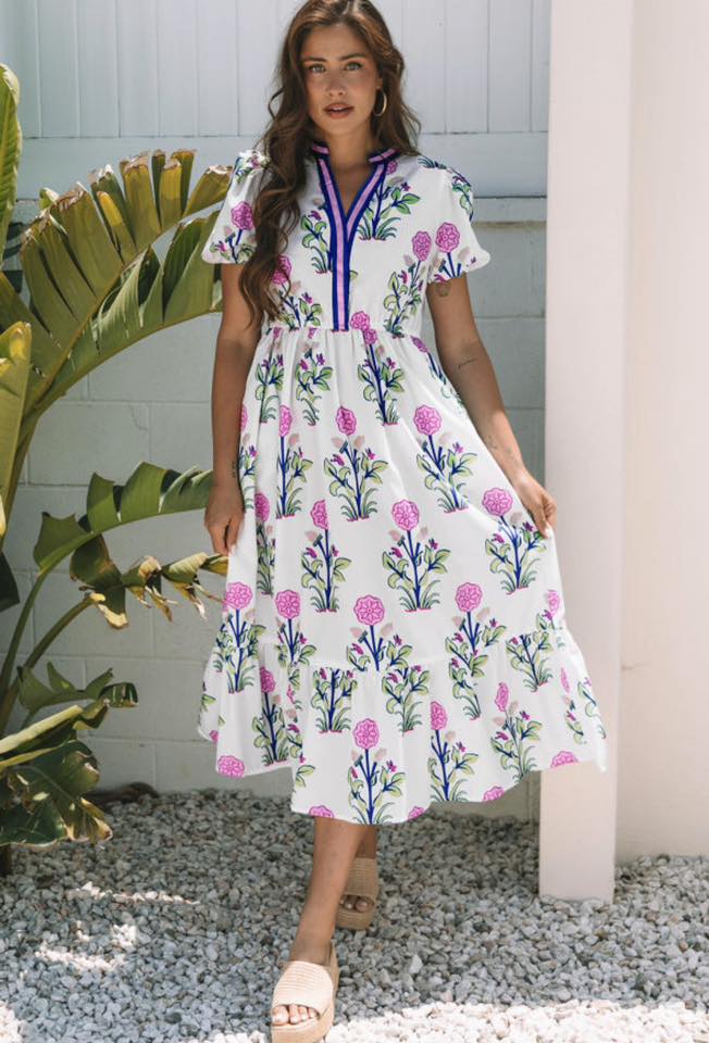Pre-order Floral V-neck Puff Sleeve Dress