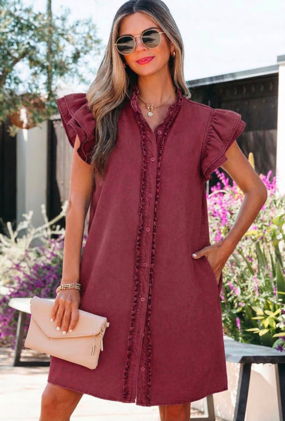 Pre-order Maroon Denim Button Down Ruffle Detail Dress
