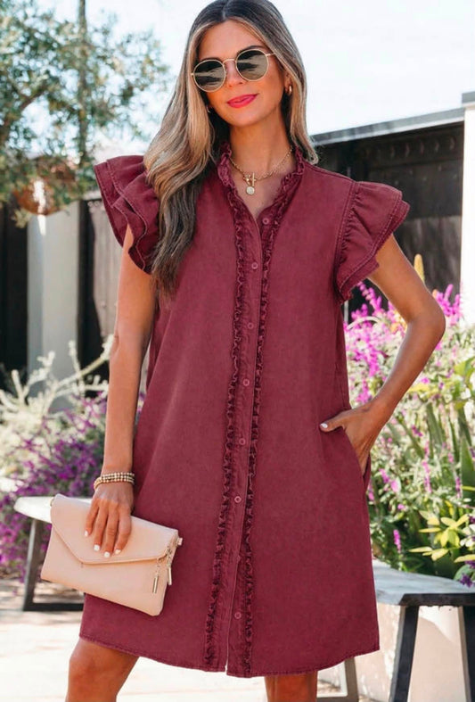 Pre-order Maroon Denim Button Down Ruffle Detail Dress