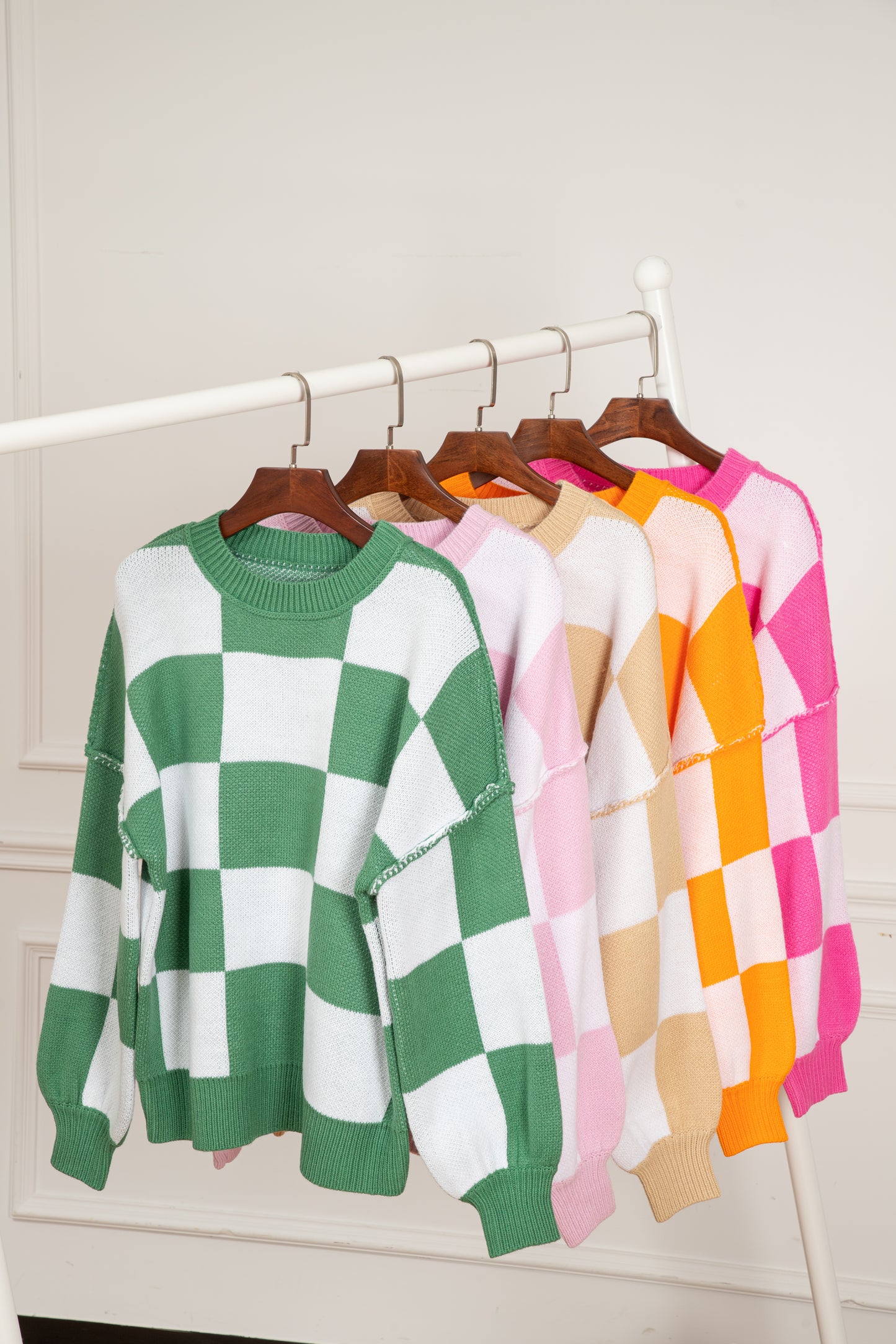 Dark Brown Checkered Bishop Sleeve Sweater