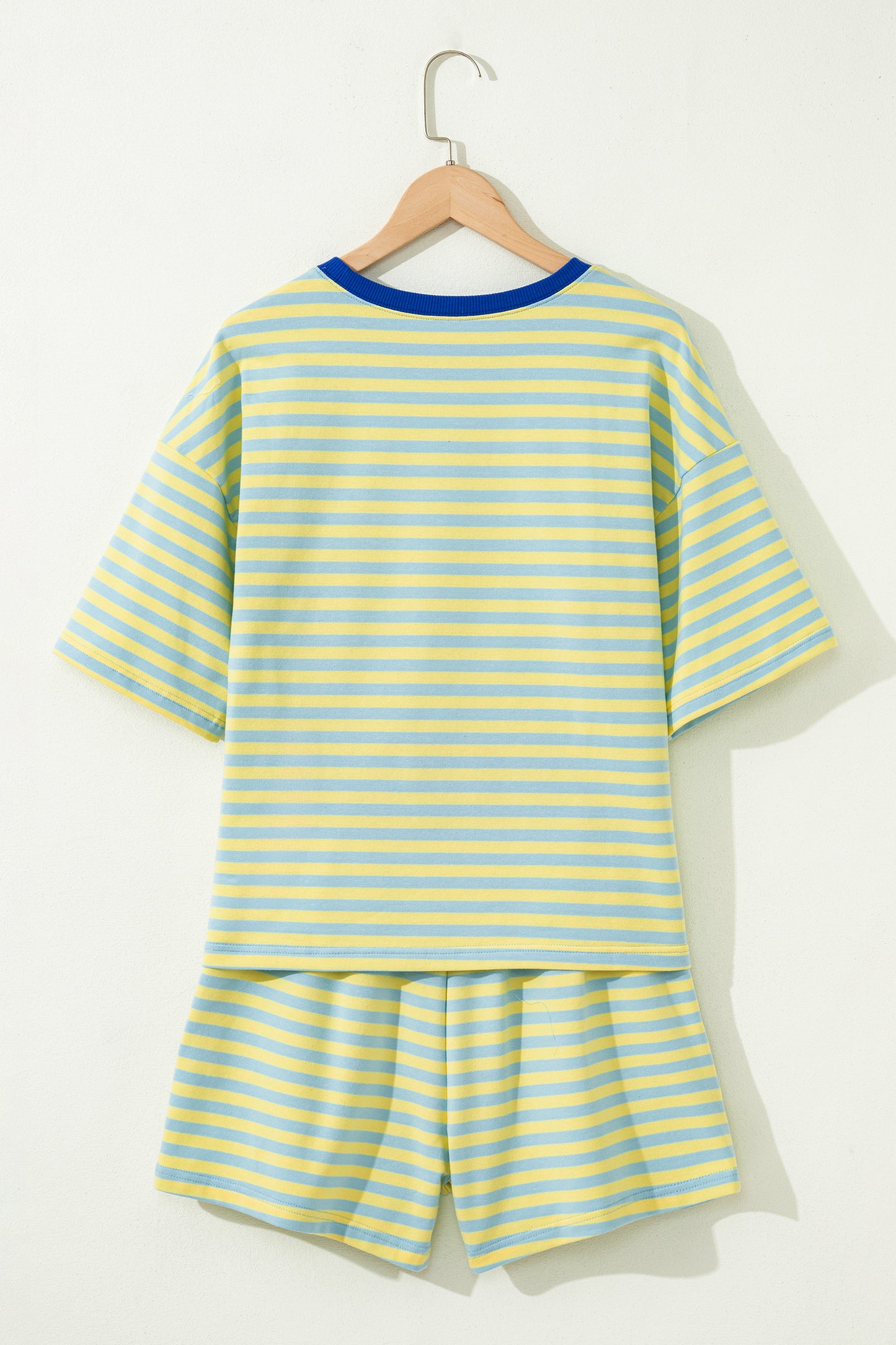 Green Stripe Drop Shoulder Boxy Casual Terry Short Set