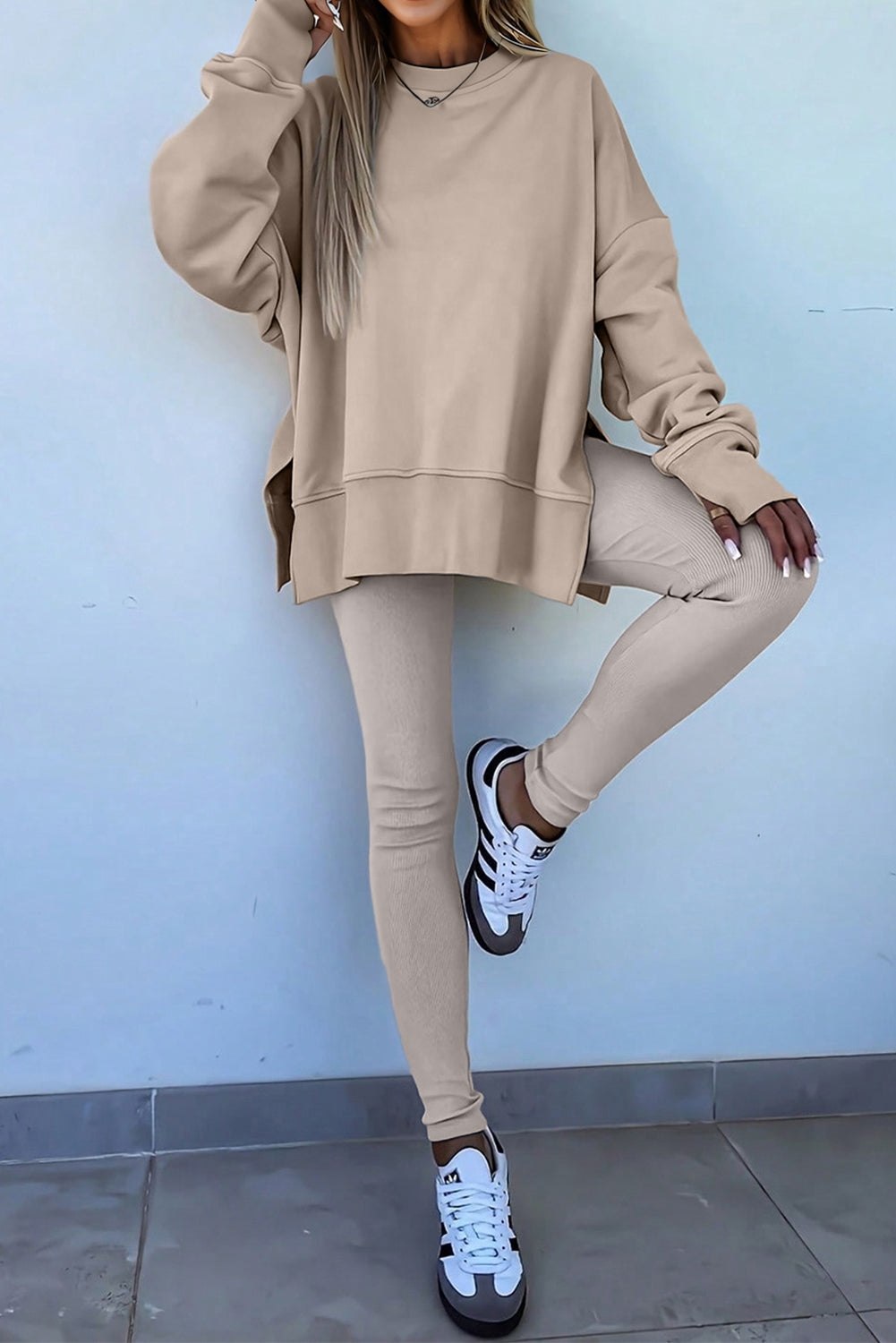 Green Bay Solid Color Oversize Slit Sweatshirt Ribbed Leggings 2pcs Set