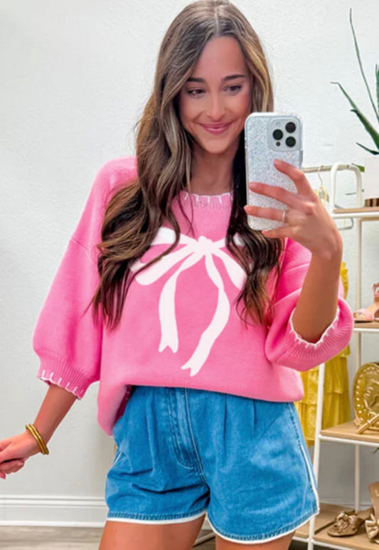 Pre-order Pink Bow Stitch Trim Detail Drop Shoulder Sweater