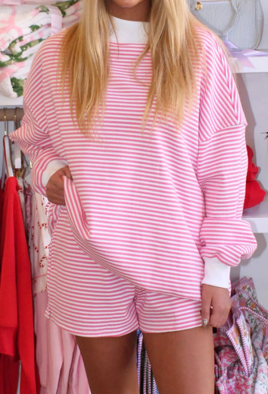 Pre-order Pink Stripe Oversized Mockneck Sweatshirt & Short Set