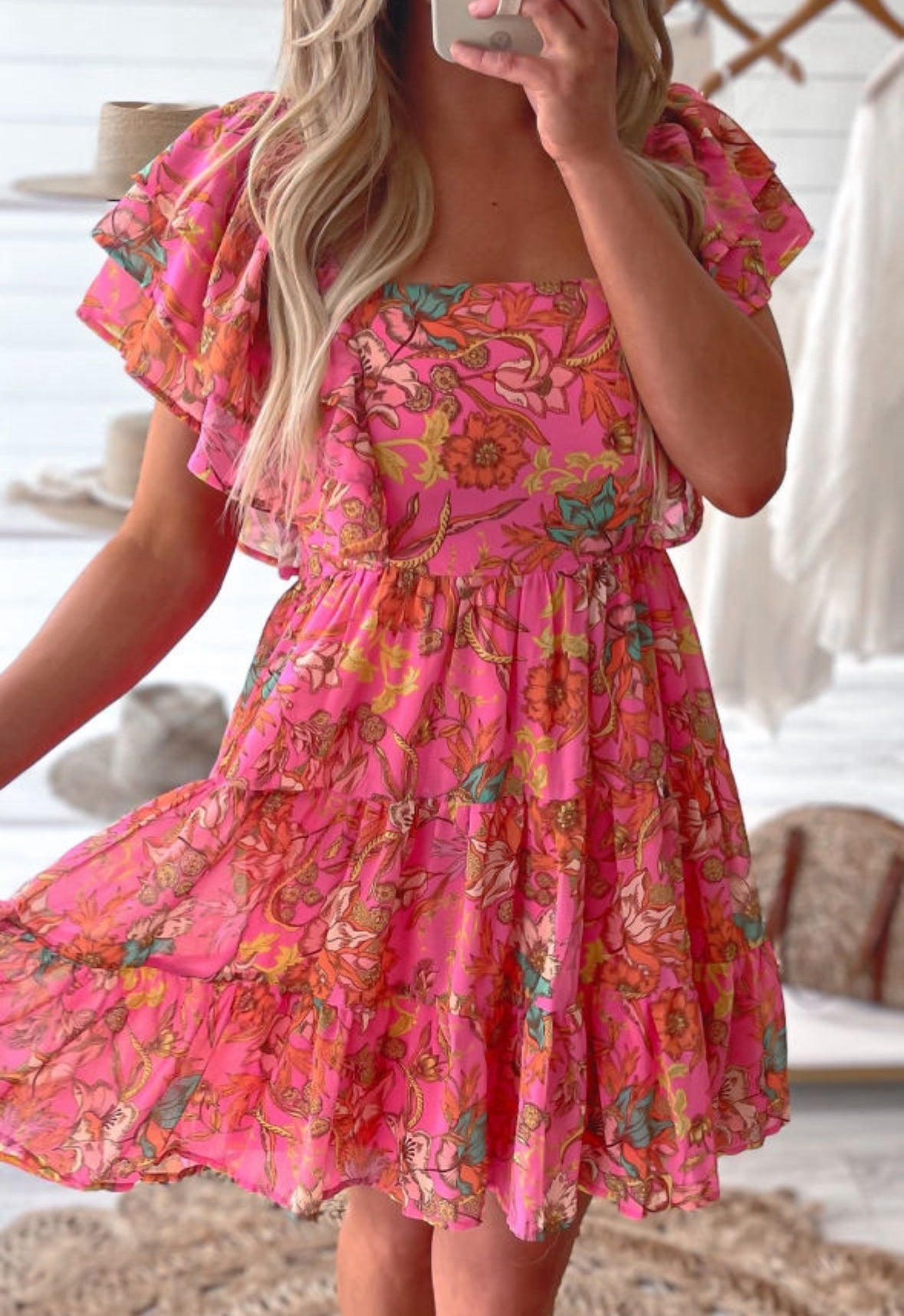 Pink Floral Ruffle Sleeve Dress